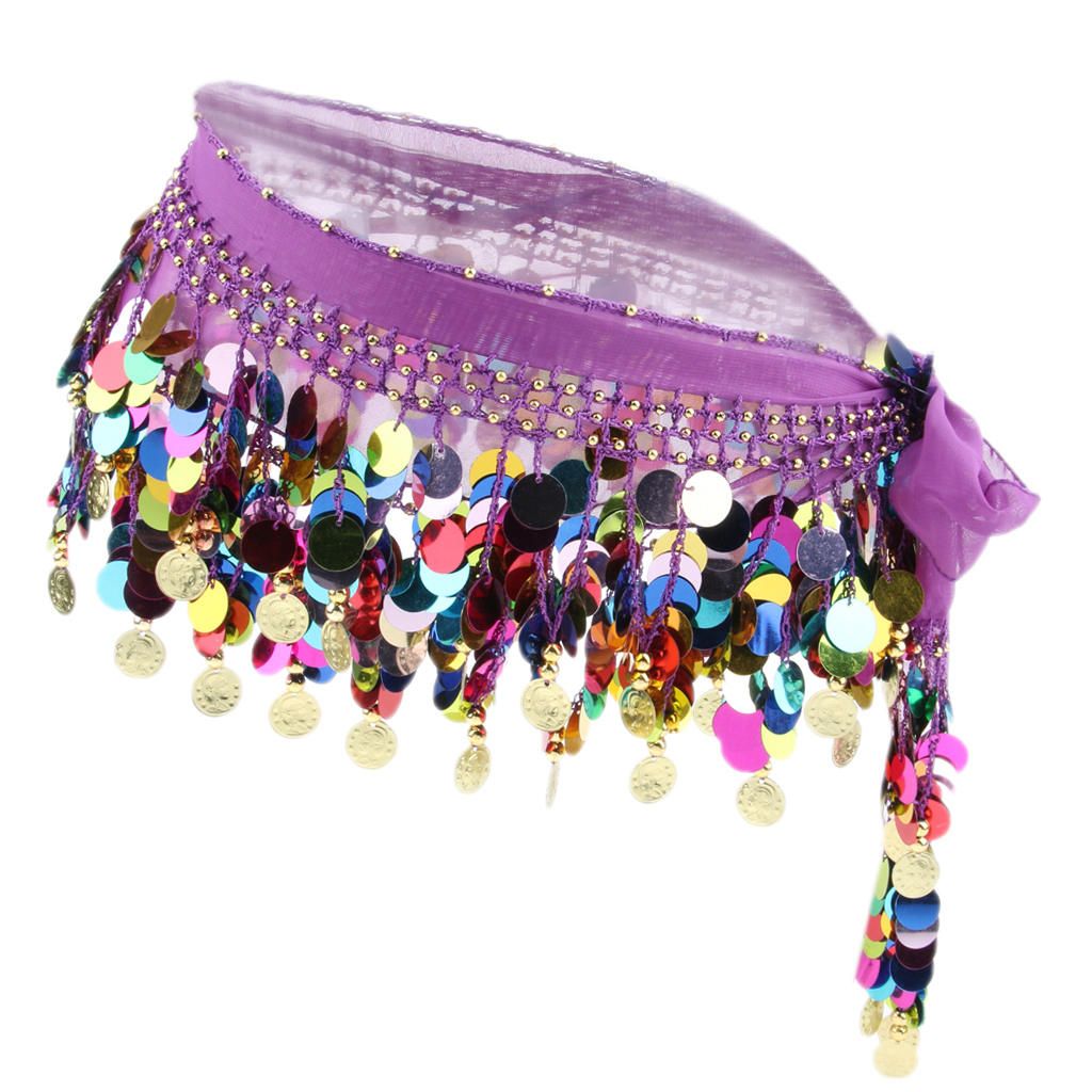 Women's Sequins Beads Belly Dance Skirt Hip Scarf Waistband Purple