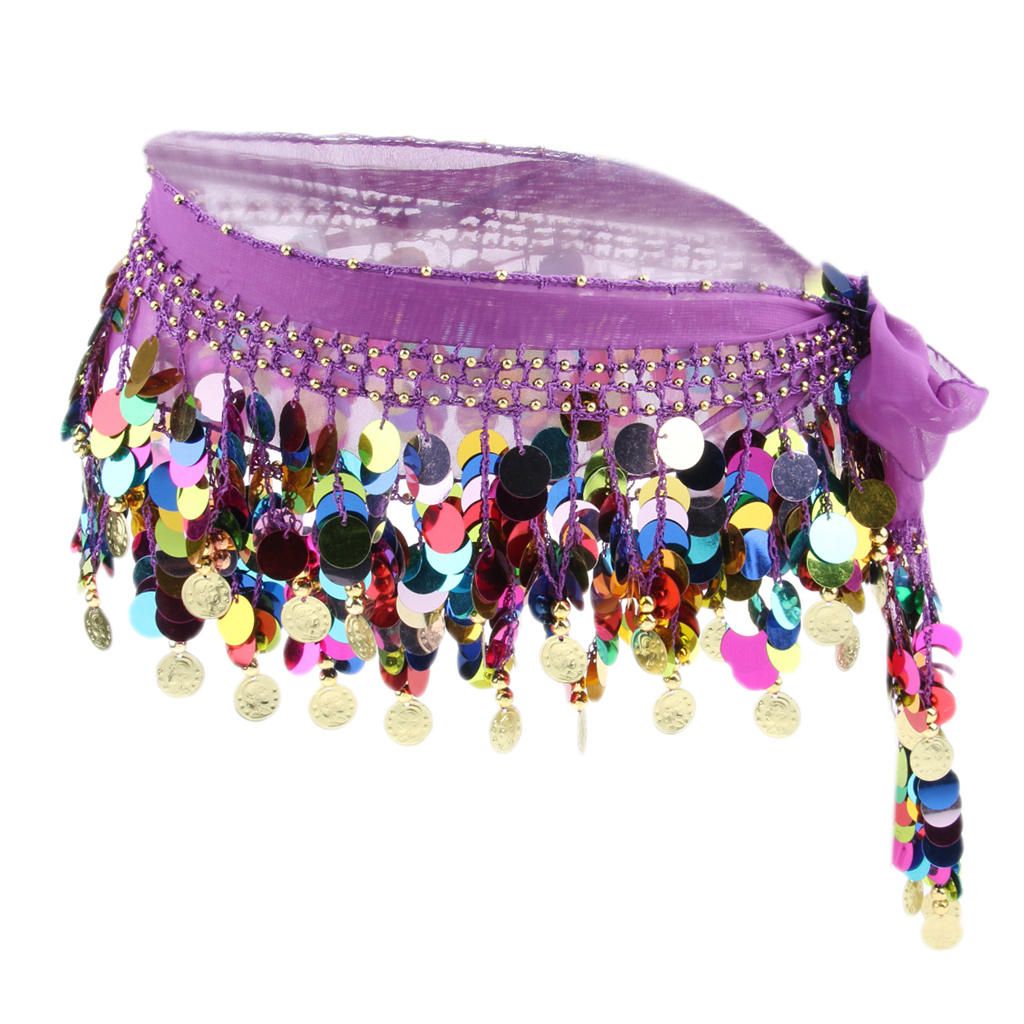 Women's Sequins Beads Belly Dance Skirt Hip Scarf Waistband Purple