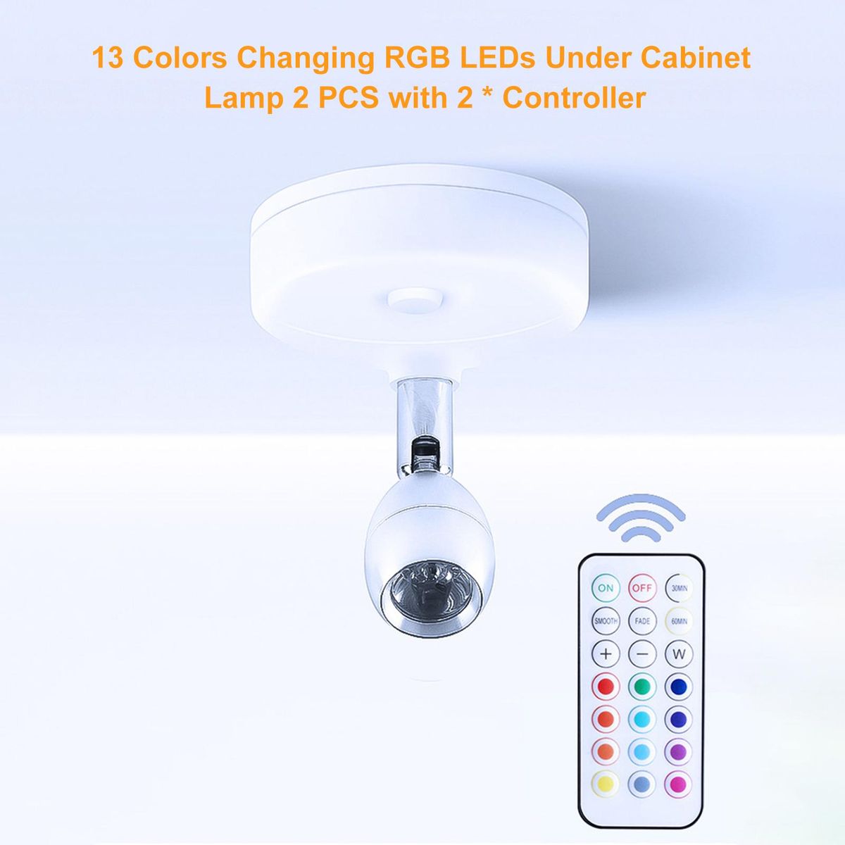 13 Colors Changing RGB LEDs Under Cabinet Lamp 2 PCS with 2 * Controller Brightness Adjustable Dimmable 30/60Mins Timing Supported 13 Colors Changing/ Smooth/ Fade 2 Lighting Modes 3* AA Operated Powered for Cloakroom Cupboar