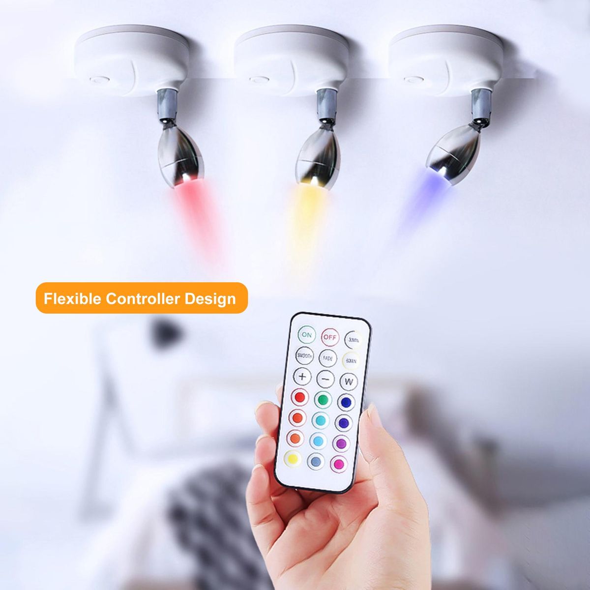 13 Colors Changing RGB LEDs Under Cabinet Lamp 2 PCS with 2 * Controller Brightness Adjustable Dimmable 30/60Mins Timing Supported 13 Colors Changing/ Smooth/ Fade 2 Lighting Modes 3* AA Operated Powered for Cloakroom Cupboar