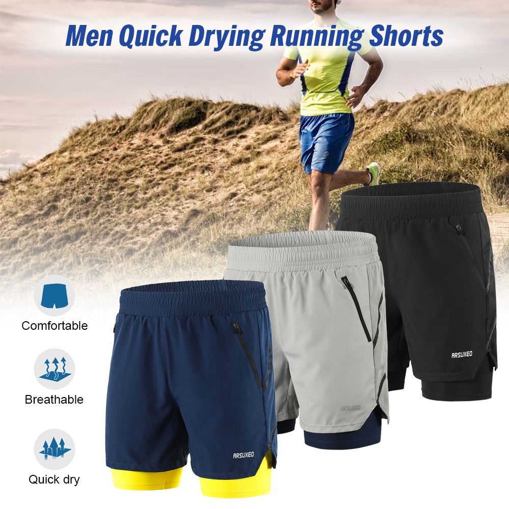 Men 2 In 1 Running Shorts Quick Drying Breathable Active