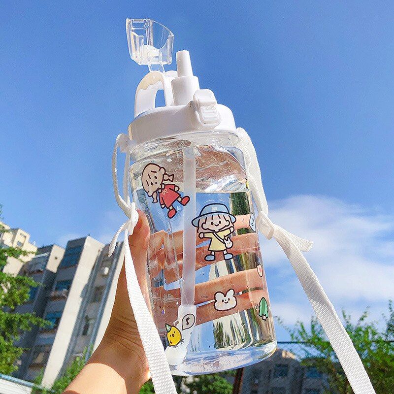 Large Capacity Water Bottle Portable Sport Bottles With Straw Camping Cycling Travel Plastic Juice Drinkware White 2L With Stickers SAI