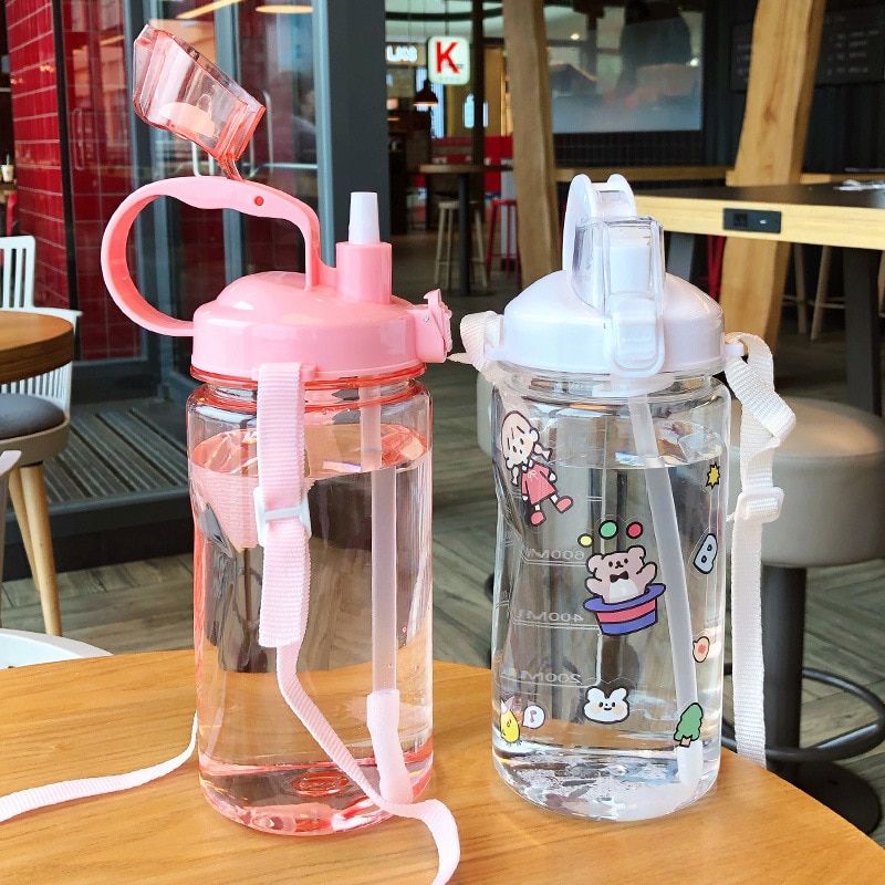 Large Capacity Water Bottle Portable Sport Bottles With Straw Camping Cycling Travel Plastic Juice Drinkware White 2L With Stickers SAI