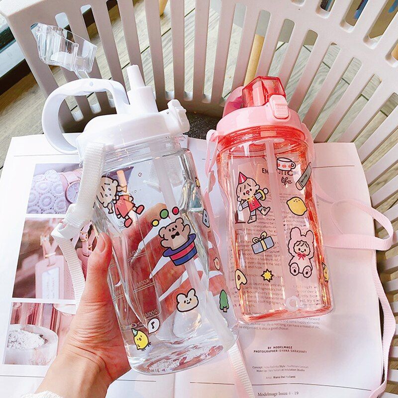 Large Capacity Water Bottle Portable Sport Bottles With Straw Camping Cycling Travel Plastic Juice Drinkware White 2L With Stickers SAI
