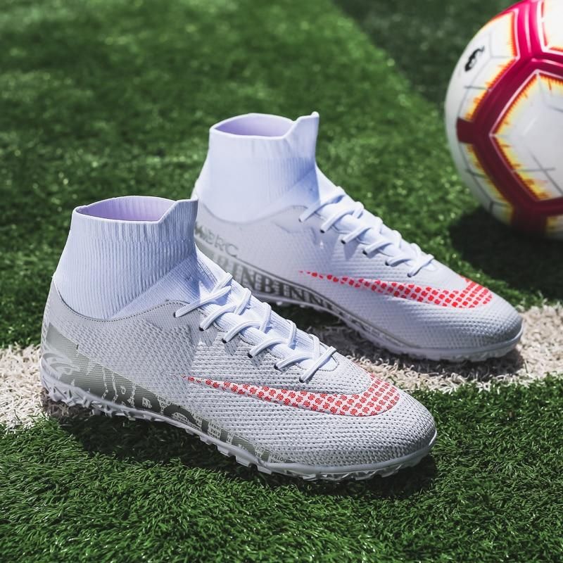 Men Soccer Shoes TF High Ankle Football Boots MenSneakers-White