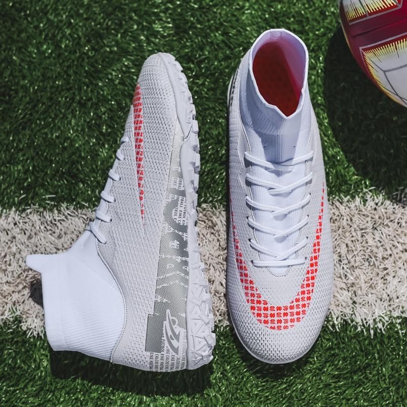 Men Soccer Shoes TF High Ankle Football Boots MenSneakers-White