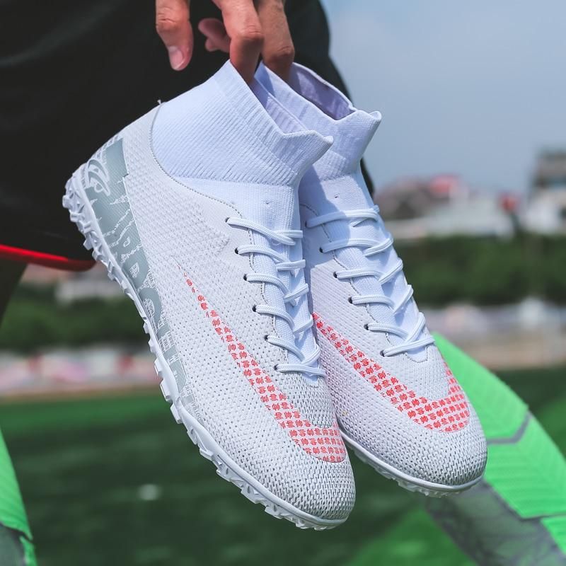 Men Soccer Shoes TF High Ankle Football Boots MenSneakers-White