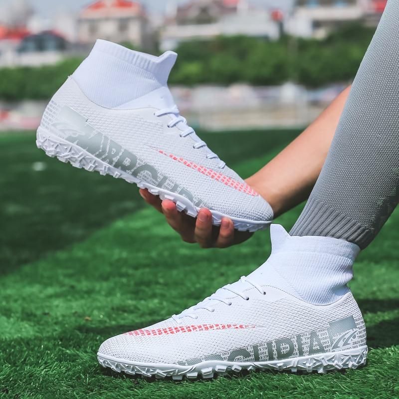Men Soccer Shoes TF High Ankle Football Boots MenSneakers-White