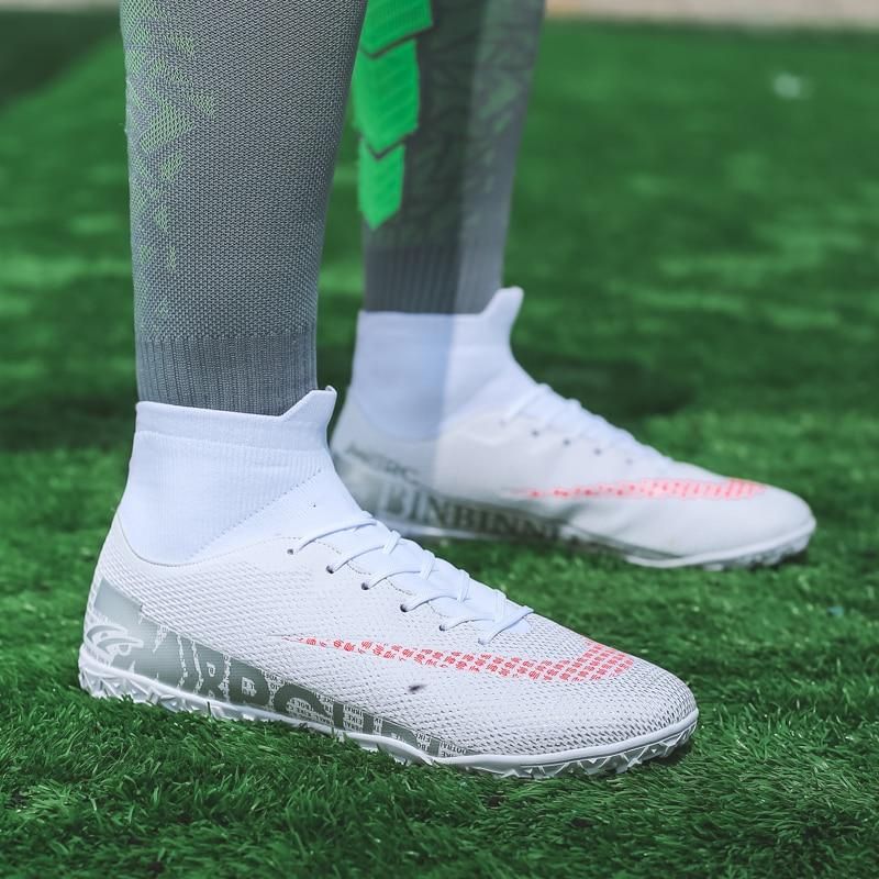 Men Soccer Shoes TF High Ankle Football Boots MenSneakers-White