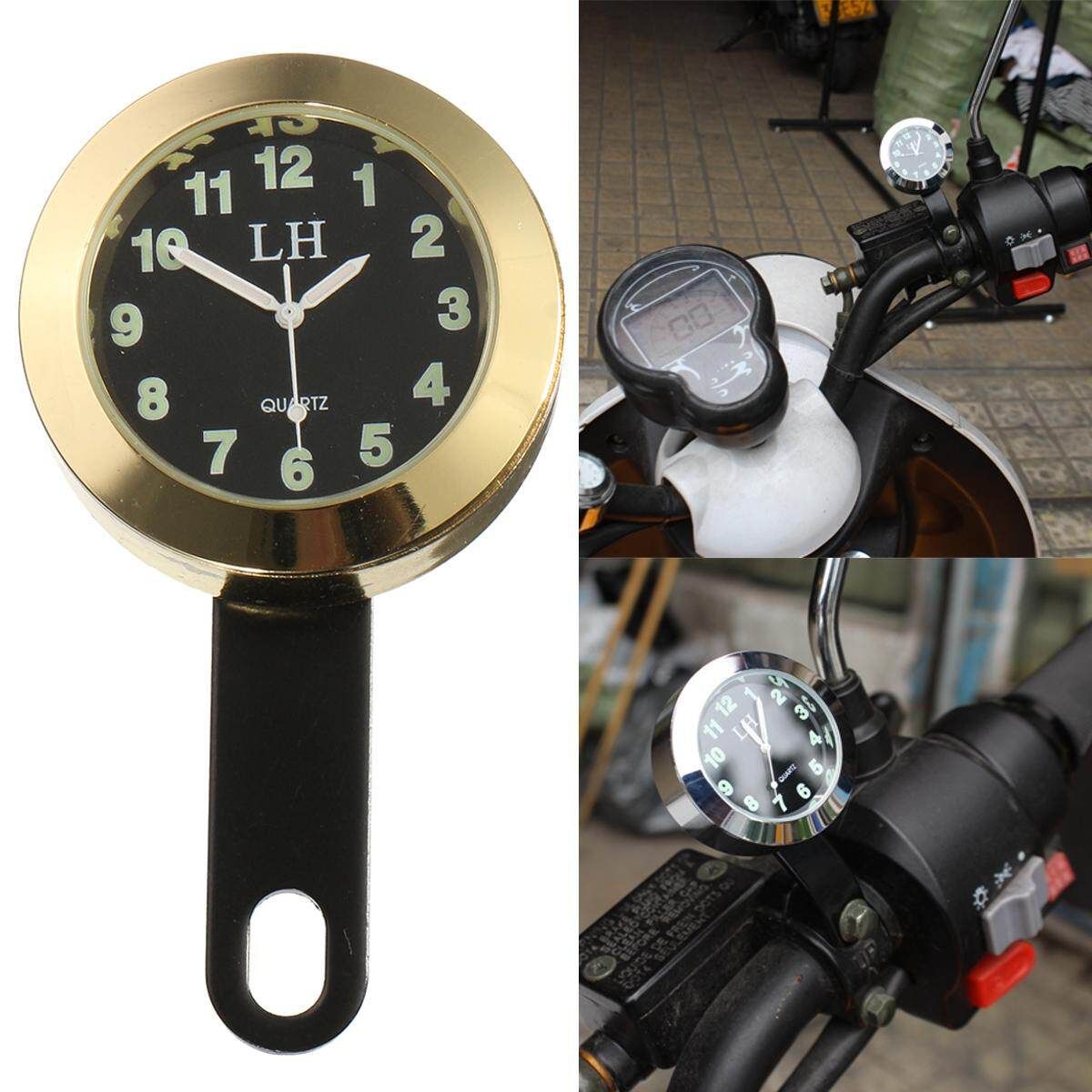 Waterproof Motorcycle Bike Black Dial Clock Bracket For Harley Gold (gold)