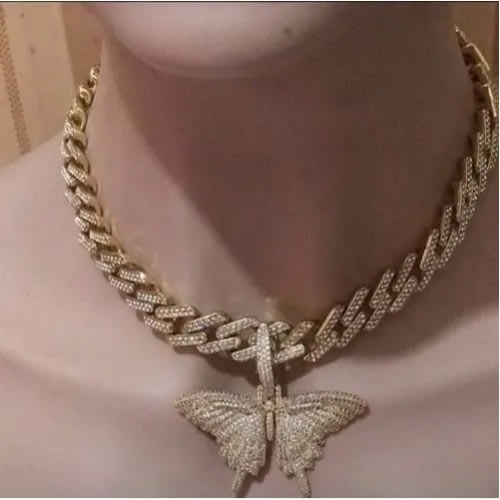 Iced Out Gold Cuban Link Chain With Butterfly Pendant