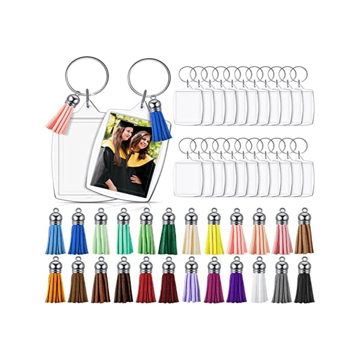 24Pcs Acrylic PhotoFrame Keychains with Tassels 5.6 X 4.0cm Keychain Clear Acrylic Blank Key Ring DIY Craft Project