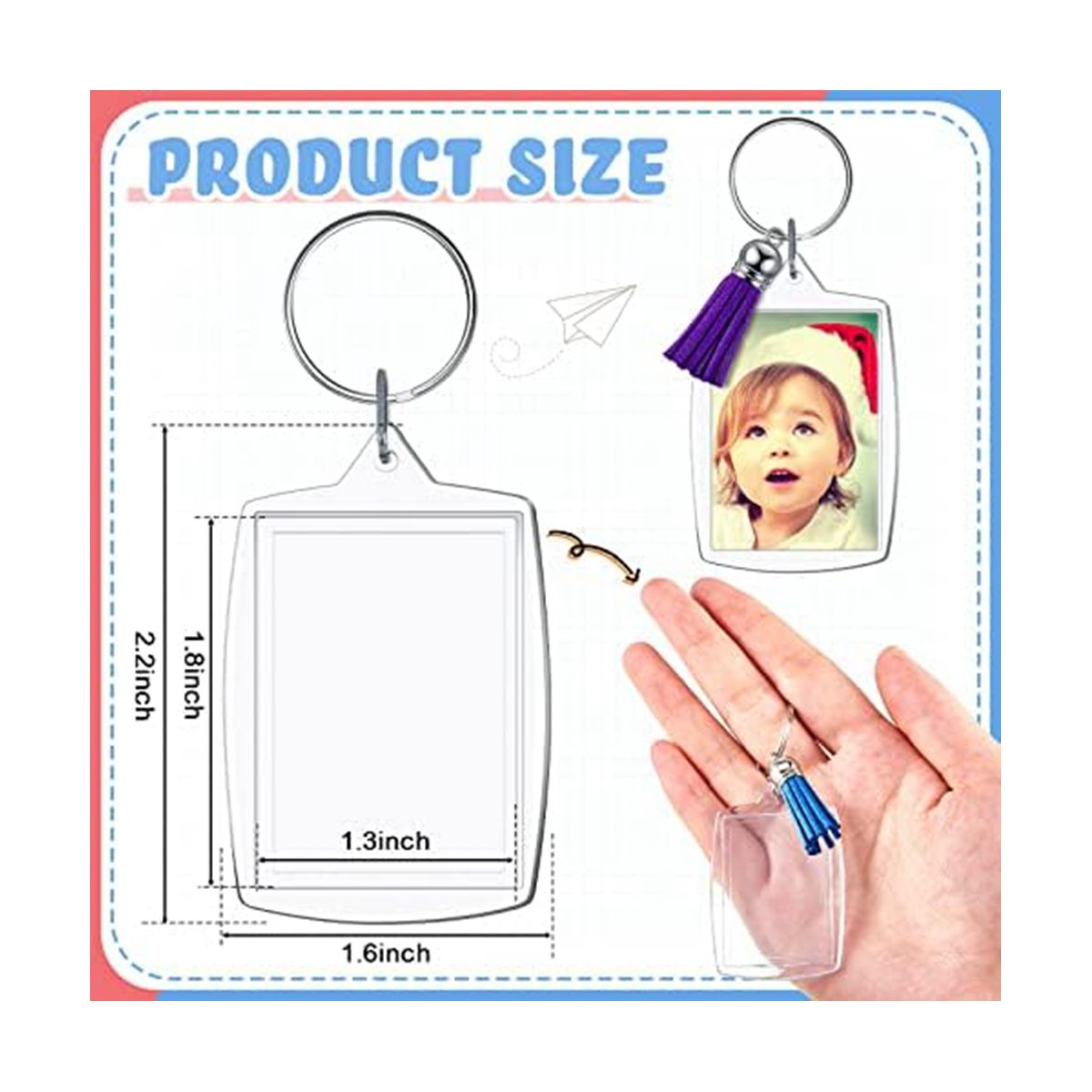 24Pcs Acrylic PhotoFrame Keychains with Tassels 5.6 X 4.0cm Keychain Clear Acrylic Blank Key Ring DIY Craft Project