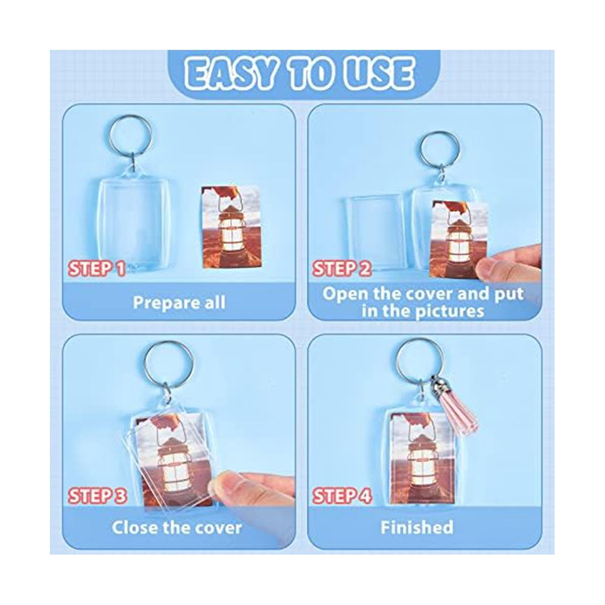 24Pcs Acrylic PhotoFrame Keychains with Tassels 5.6 X 4.0cm Keychain Clear Acrylic Blank Key Ring DIY Craft Project