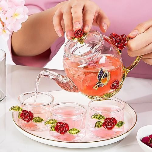 7Pcs Enamel Tea Set, Simple Business Water Cup, Heat Resistant Glass Teapot, Household Flower Tea Cup