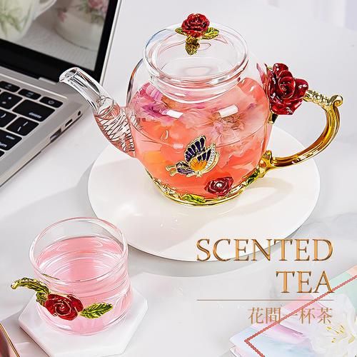 7Pcs Enamel Tea Set, Simple Business Water Cup, Heat Resistant Glass Teapot, Household Flower Tea Cup