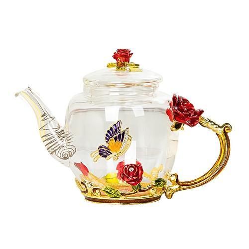 7Pcs Enamel Tea Set, Simple Business Water Cup, Heat Resistant Glass Teapot, Household Flower Tea Cup
