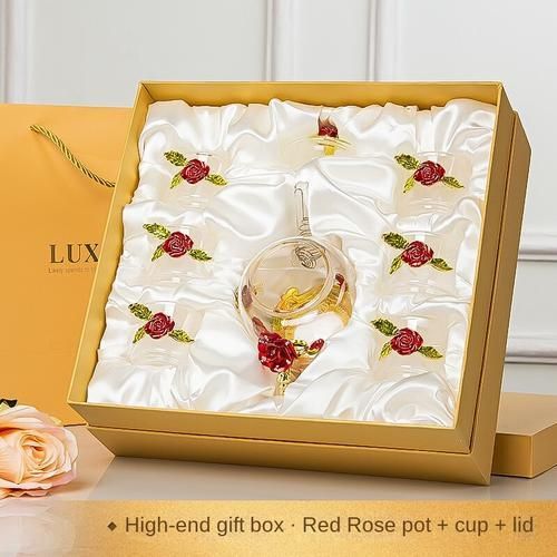 7Pcs Enamel Tea Set, Simple Business Water Cup, Heat Resistant Glass Teapot, Household Flower Tea Cup