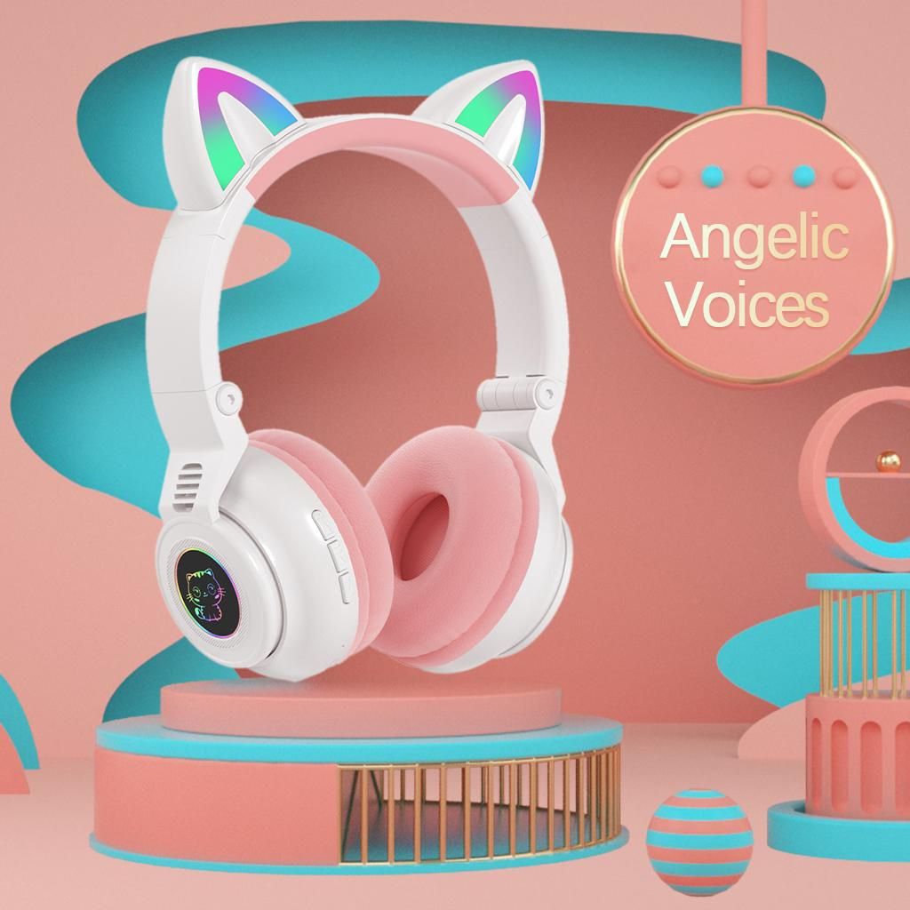 Over Ear Cat Ear Headphones Bluetooth 5.0 Volume White