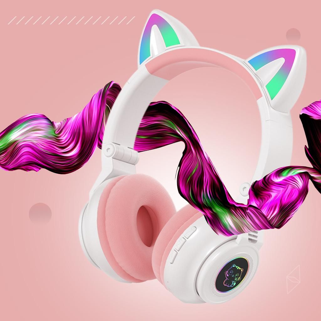 Over Ear Cat Ear Headphones Bluetooth 5.0 Volume White