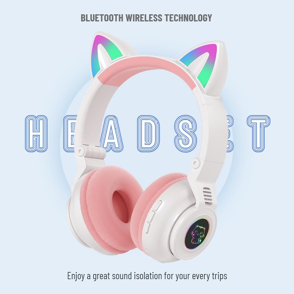 Over Ear Cat Ear Headphones Bluetooth 5.0 Volume White