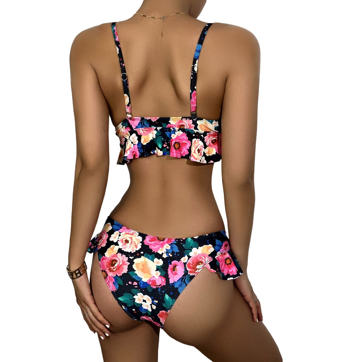 Summer Women Sexy Floral Bathing Suits Ladies Flower Print Spaghetti Strap Ruffle Padded Bikini Tops+Swimming Bottoms Swimwear