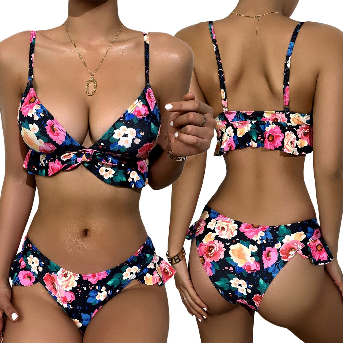 Summer Women Sexy Floral Bathing Suits Ladies Flower Print Spaghetti Strap Ruffle Padded Bikini Tops+Swimming Bottoms Swimwear