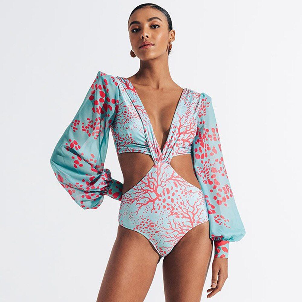 Sexy Printed Long Sleeve Swimwear Women One Piece Swimsuit Female Bathing Suits Summer Beach Wear Swim Ladies Monokini Blue