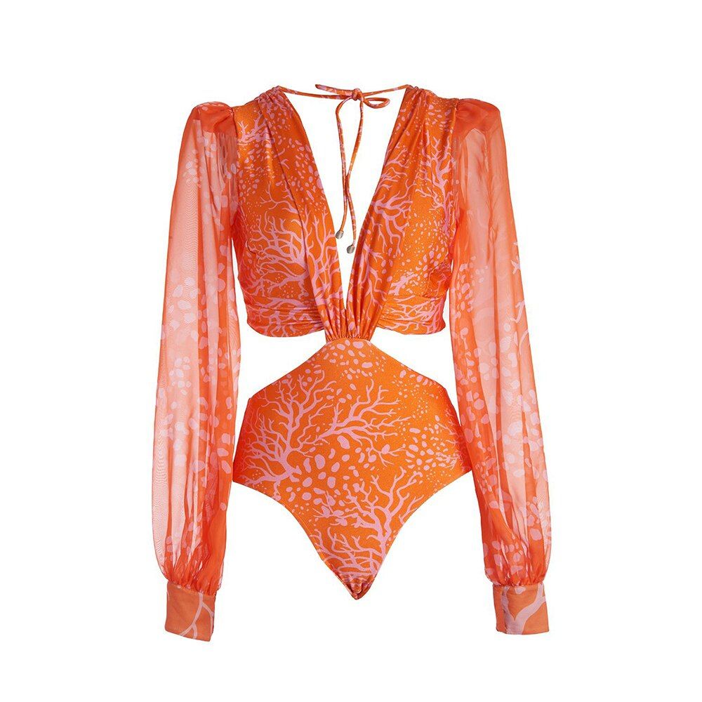 Sexy Printed Long Sleeve Swimwear Women One Piece Swimsuit Female Bathing Suits Summer Beach Wear Swim Ladies Monokini Blue