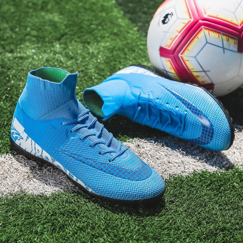 Men Soccer Shoes TF High Ankle Football Boots MenSneakers-Blue