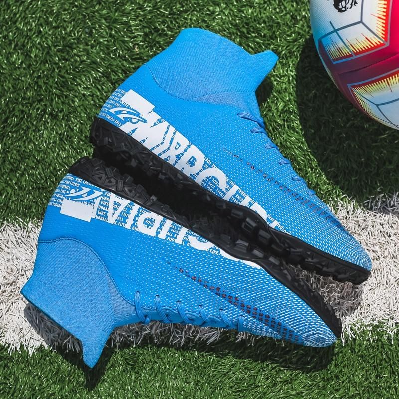 Men Soccer Shoes TF High Ankle Football Boots MenSneakers-Blue
