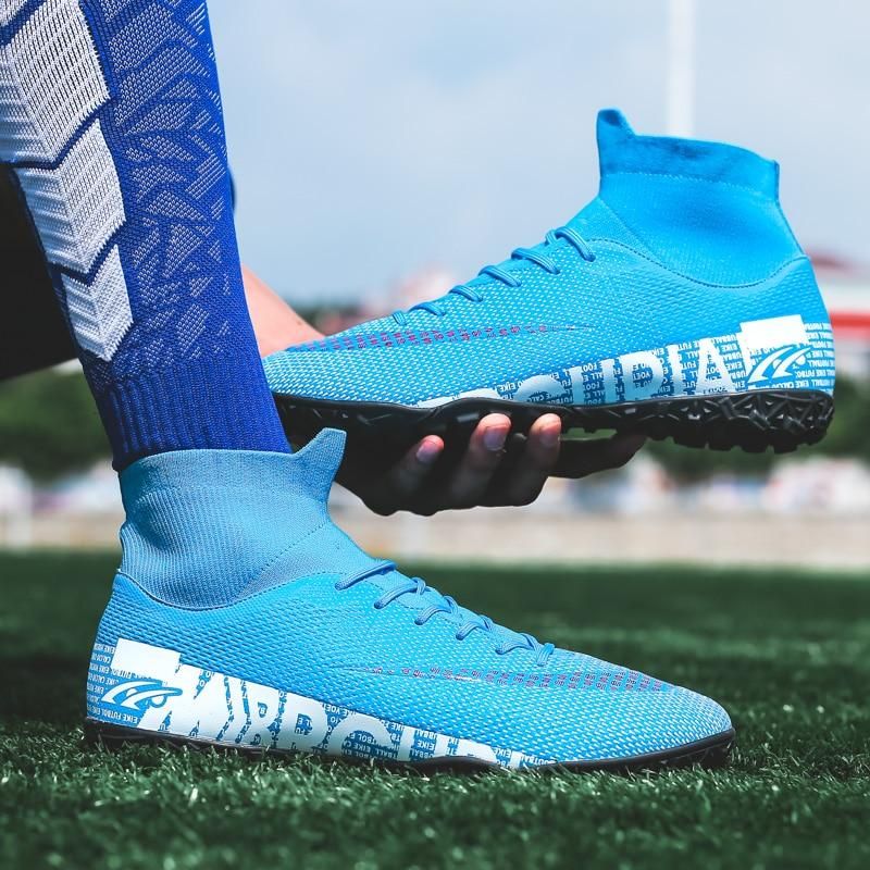 Men Soccer Shoes TF High Ankle Football Boots MenSneakers-Blue