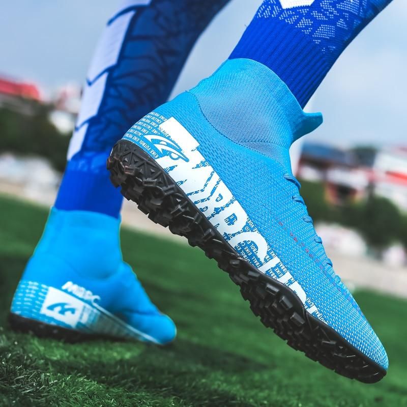 Men Soccer Shoes TF High Ankle Football Boots MenSneakers-Blue