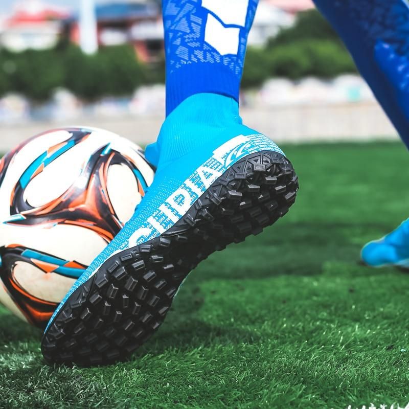 Men Soccer Shoes TF High Ankle Football Boots MenSneakers-Blue