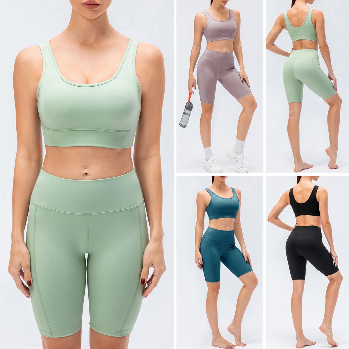 Women Yoga Bra Shorts Set Padded Wide Waistband Workout