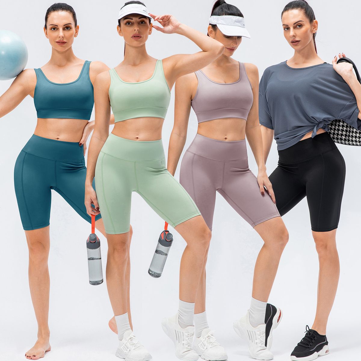 Women Yoga Bra Shorts Set Padded Wide Waistband Workout