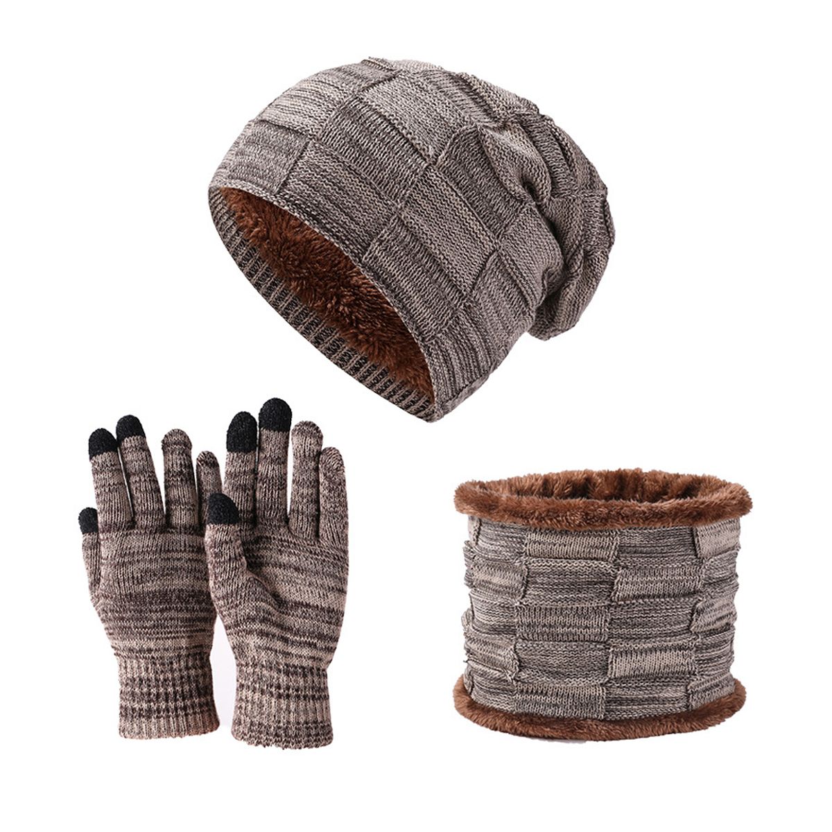 Winter Knitted Beanie Hat And Scarf Gloves Set Thick Fleece