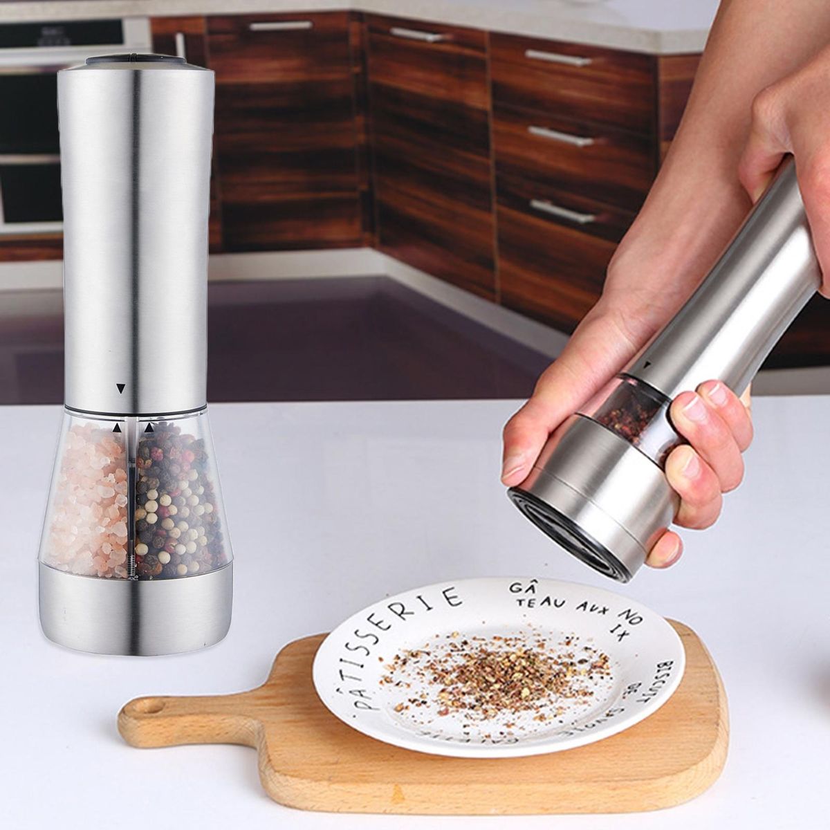 Salt Pepper Shaker with Grinder Gravity Induction Electric Salt Pepper Silver