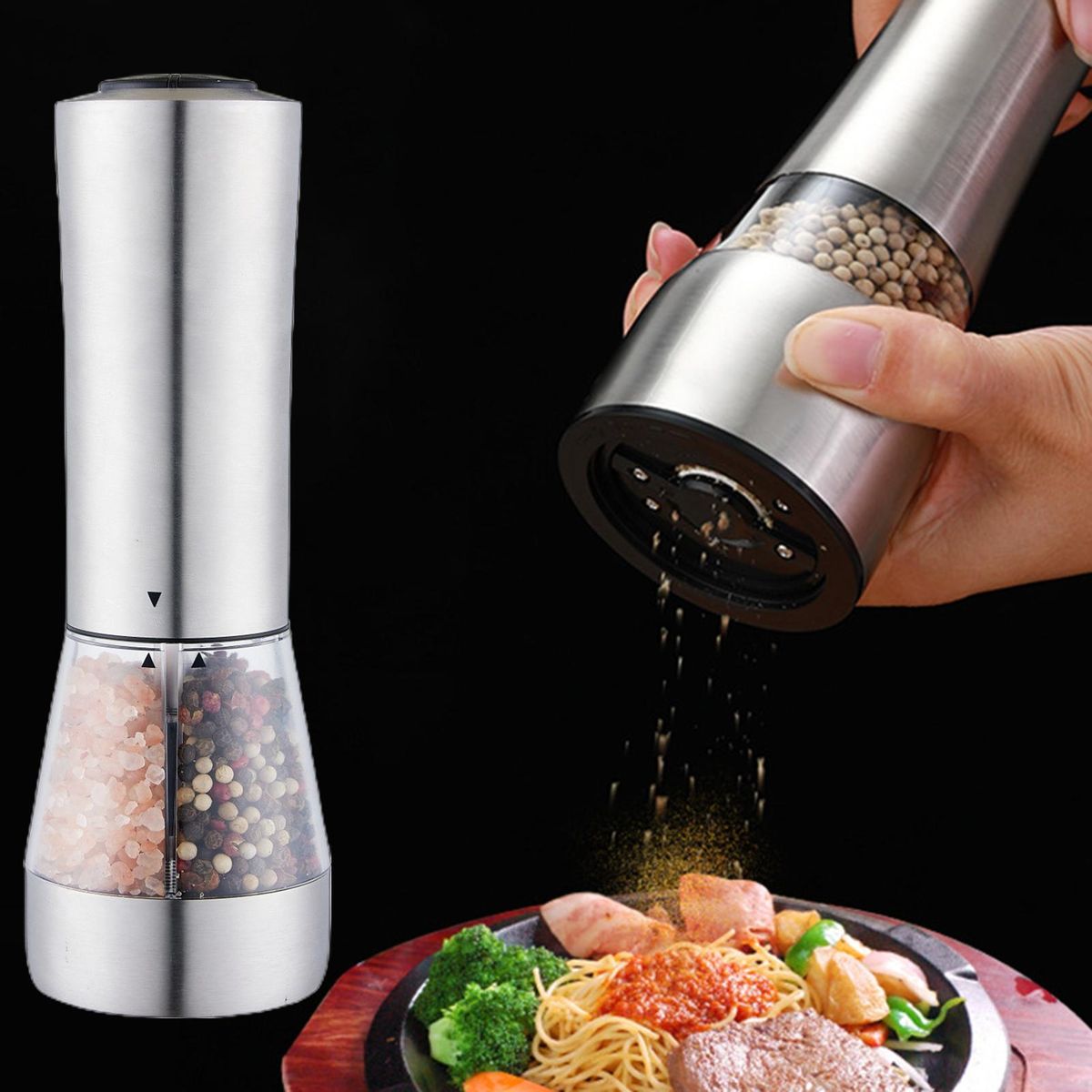 Salt Pepper Shaker with Grinder Gravity Induction Electric Salt Pepper Silver