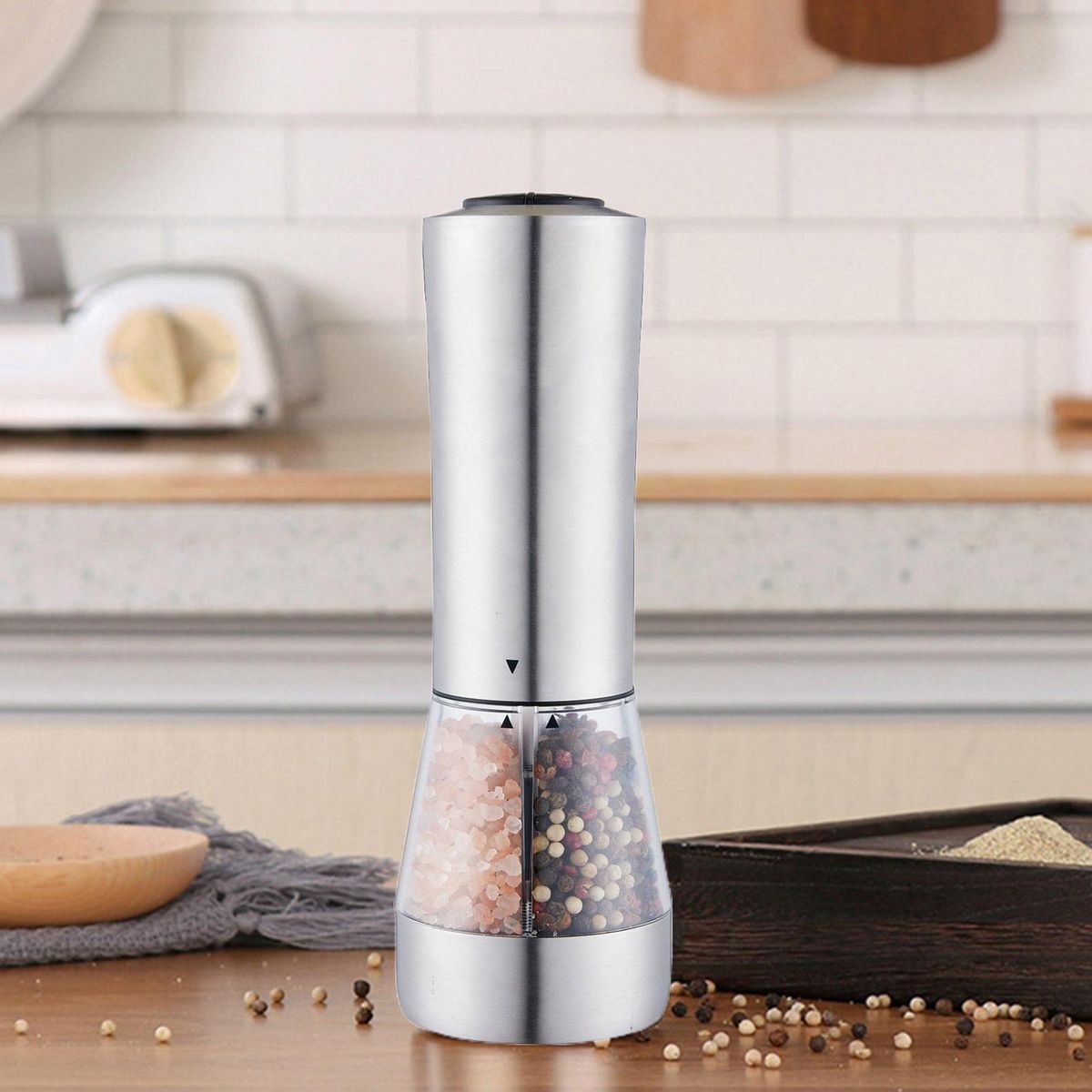 Salt Pepper Shaker with Grinder Gravity Induction Electric Salt Pepper Silver