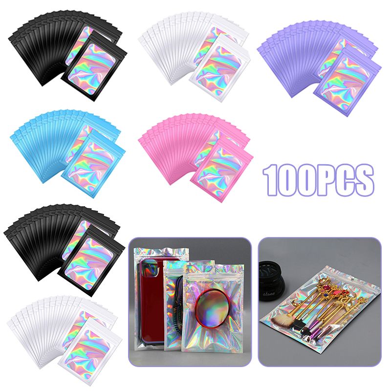 100pcs Smell Proof Mylar Bags Resealable Odor Proof Bags Holographic Packaging  Bag Food Jewelry Laser Zip Lock Bag-10.5x15CM