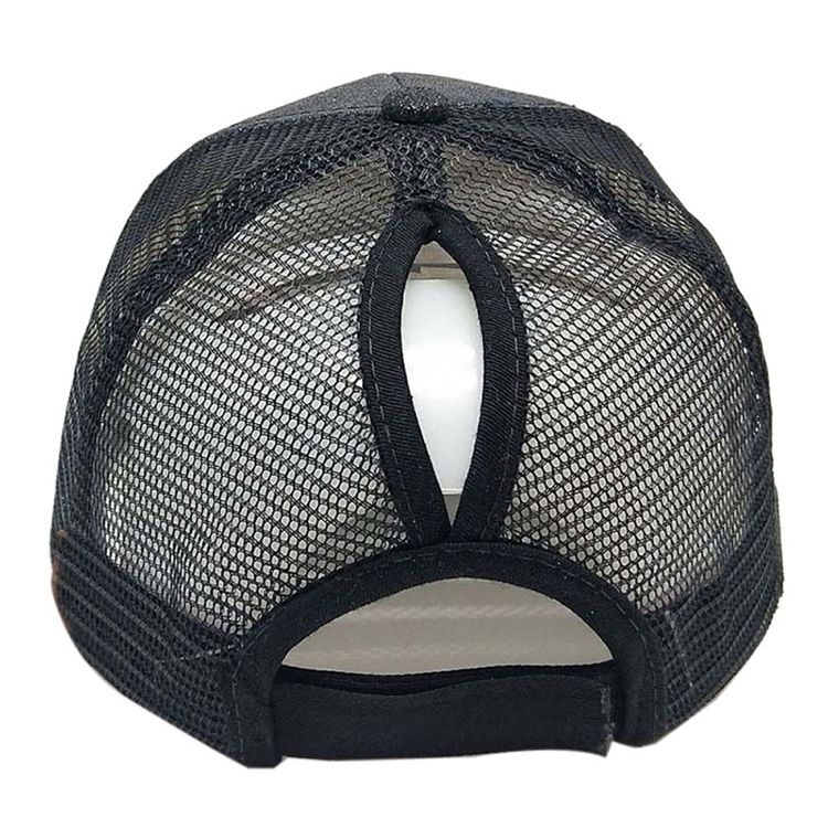 Sequined Cotton Baseball Cap Back Opening Mesh Ponytail Cap