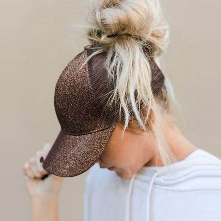 Sequined Cotton Baseball Cap Back Opening Mesh Ponytail Cap