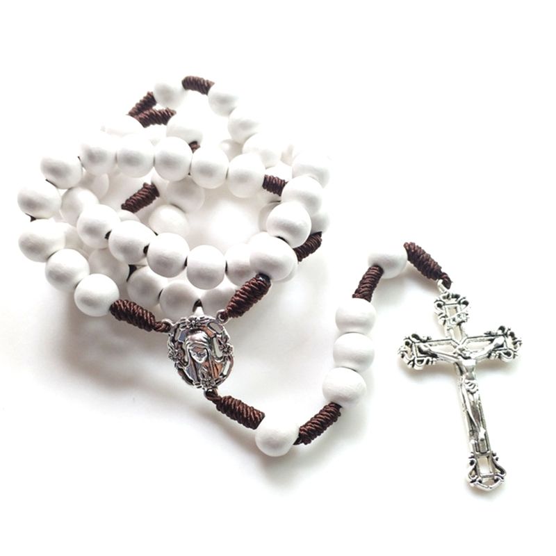 652F Wooden Beads Rosary Catholic Necklace With Metal Cross