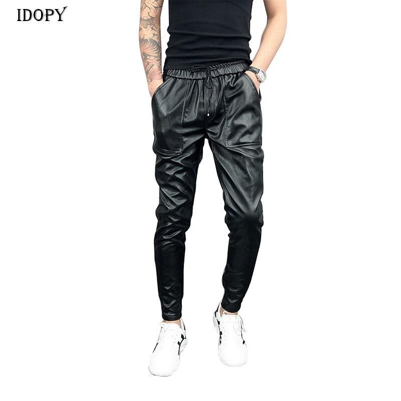 Idopy Arrival A New Autumn Winter Korean Men Hip Hop Harem Pants with Elastic Adjustable Lace On Long PU Leather Waist