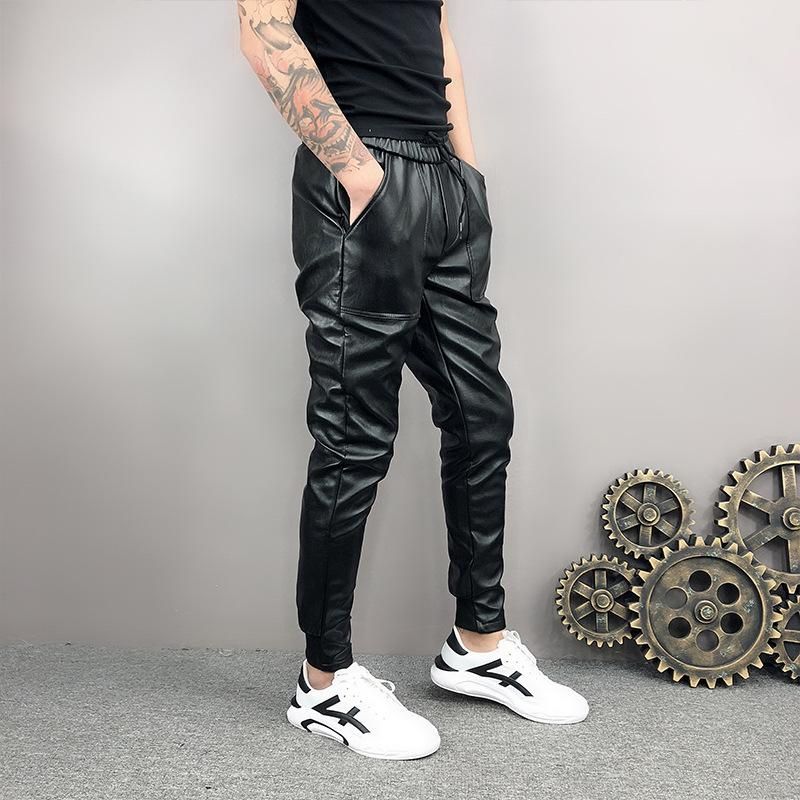 Idopy Arrival A New Autumn Winter Korean Men Hip Hop Harem Pants with Elastic Adjustable Lace On Long PU Leather Waist