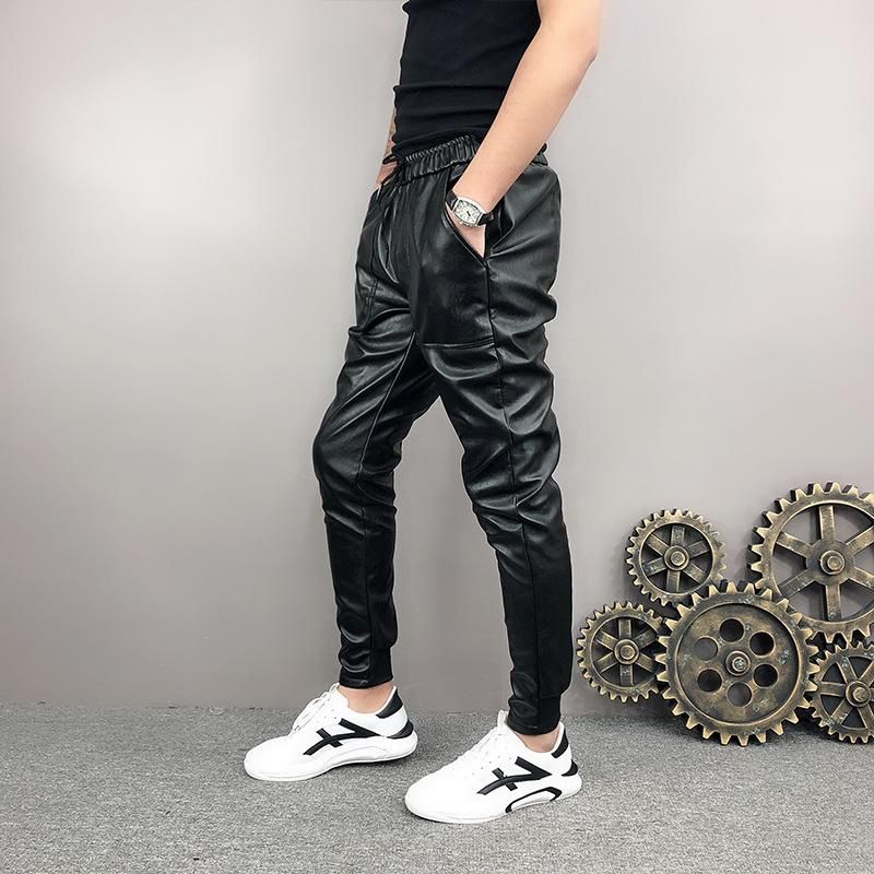 Idopy Arrival A New Autumn Winter Korean Men Hip Hop Harem Pants with Elastic Adjustable Lace On Long PU Leather Waist