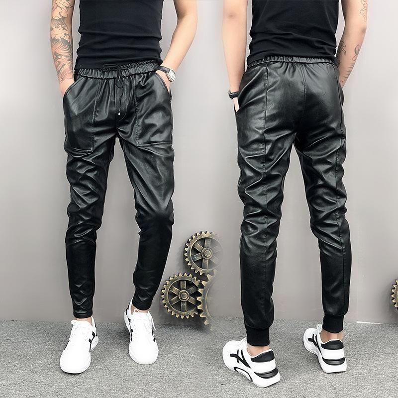 Idopy Arrival A New Autumn Winter Korean Men Hip Hop Harem Pants with Elastic Adjustable Lace On Long PU Leather Waist