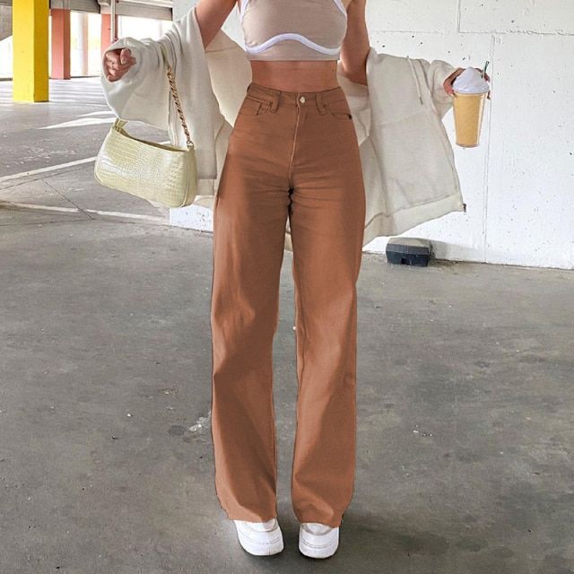 Wide Leg Khaki Cargo Mom Jeans Women Classic High Waist Baggy Explosive