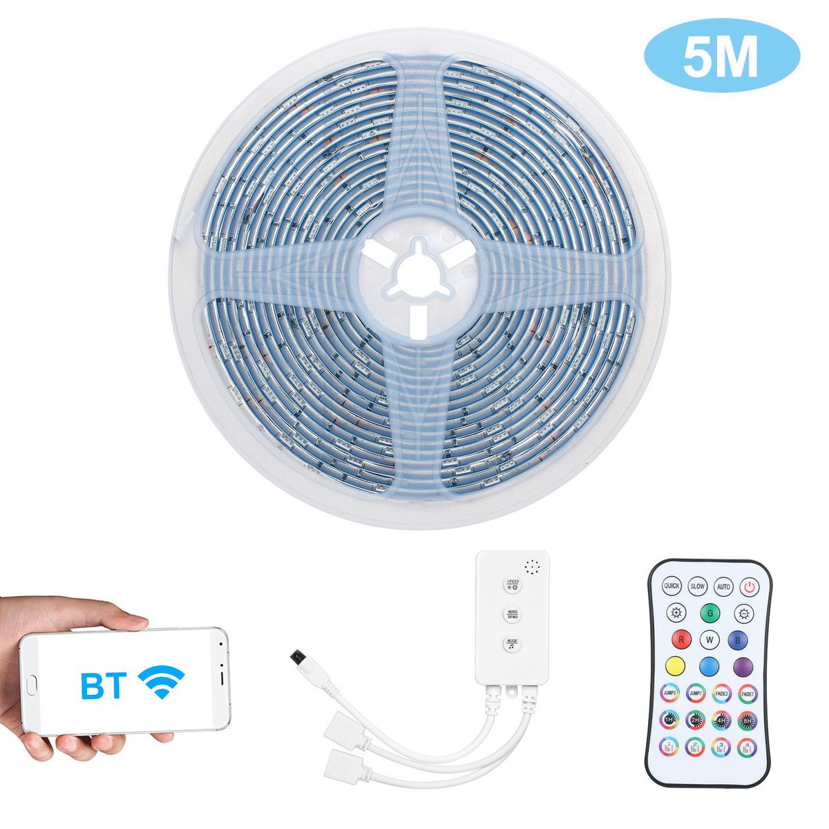 BT LED Strip Lights Kit 5m/16.4ft Length 5050 RGB IR BT music Controller Changing Color 12V Power Supply Smart Light Strip for Bar Home Decoration